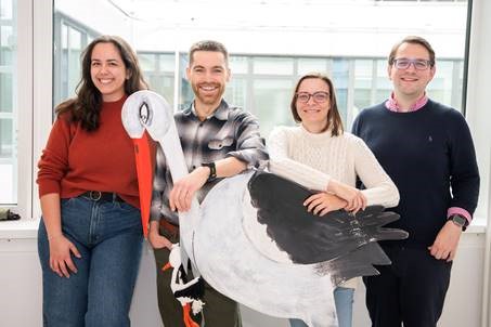 Das Team um die MiLeMed (v. l.):Nina Michlmayr, Medizinstudentin im 6. Klinischen Semester an der Uni Bonn; James Mitofsky, Software-Entwickler; Prof. Brigitte Strizek, Direktorin der Abteilung für Geburtshilfe und Pränatale Medizin am UKB; PD Florian Recker, Facharzt an der Klinik für Geburtshilfe und Pränatale Medizin am UKB.